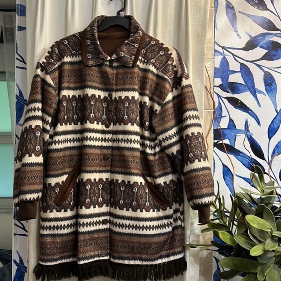 Current Seen Jackets & Blazers - Vintage Current Seen Polyester & Cotton Brown Fringed Jacket Aztec Stripe